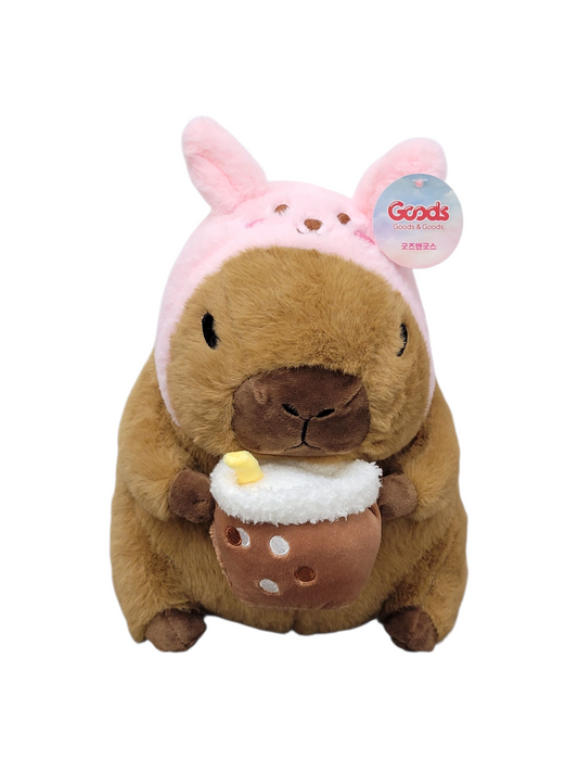 Pink Bunny Hat Capybara Drinking Boba Plush Toy